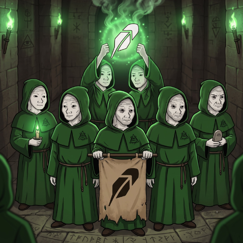 The Order of Memelords, hooded and gathered around the glowing arrow