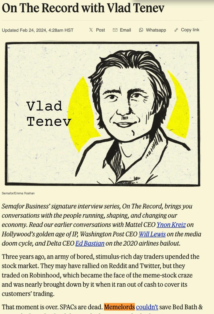 Semafor article: On The Record with Vlad Tenev